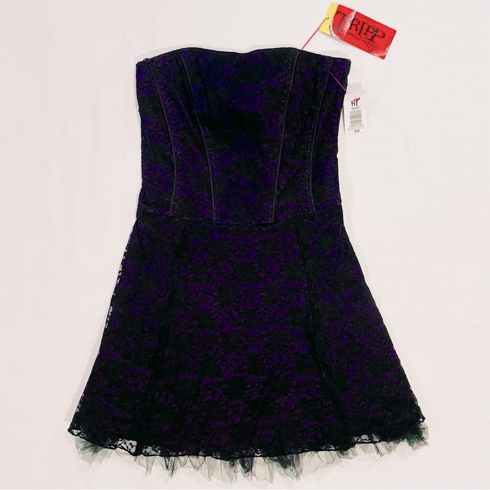 New Tripp NYC Dress Womens Small Juniors Goth Corset Mini Black Purple Strapless
